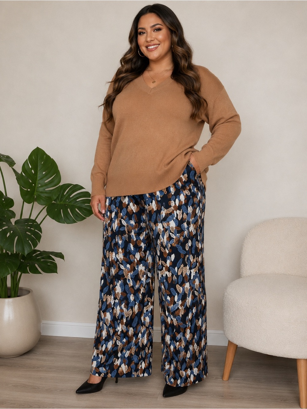 Wide Leg Printed Pull-On Pants in Navy and Brown 3X